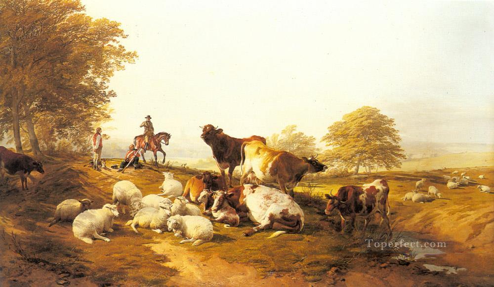 広大な風景の中で休む牛と羊 農場の動物たち トーマス・シドニー・クーパー油絵